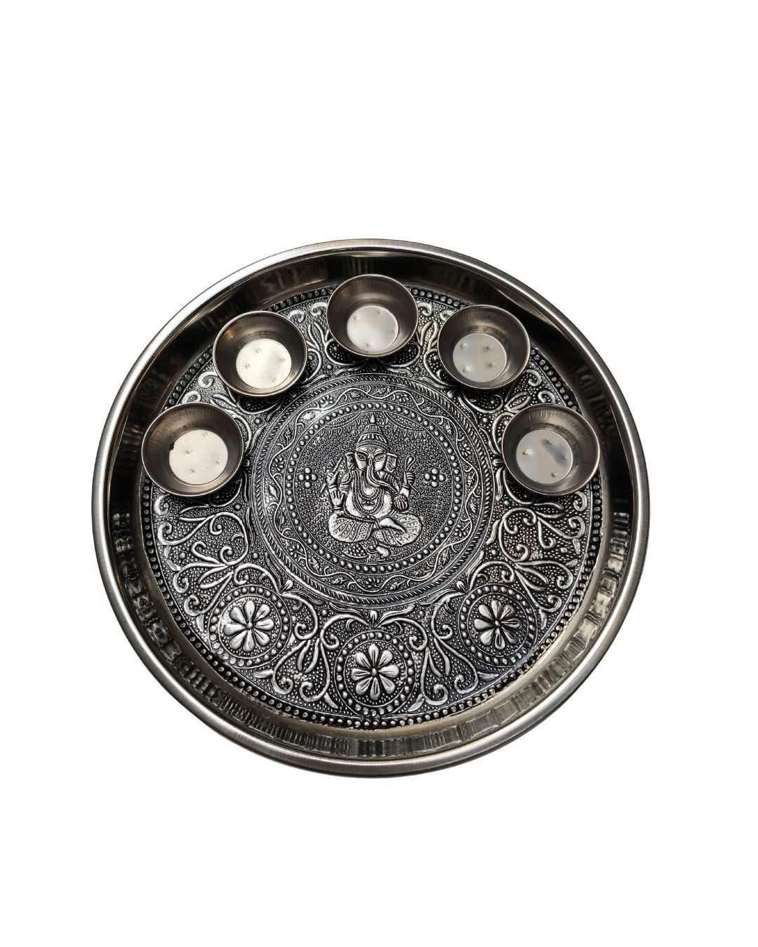 BG Remove Oxidised Ganesh Aarti Steel Thali - Image 1
