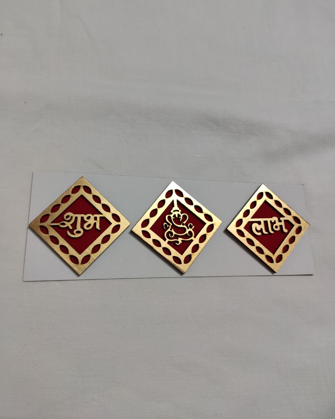 bg removed Golden 3 Piece Wooden Shubh Labh Set - Image 1