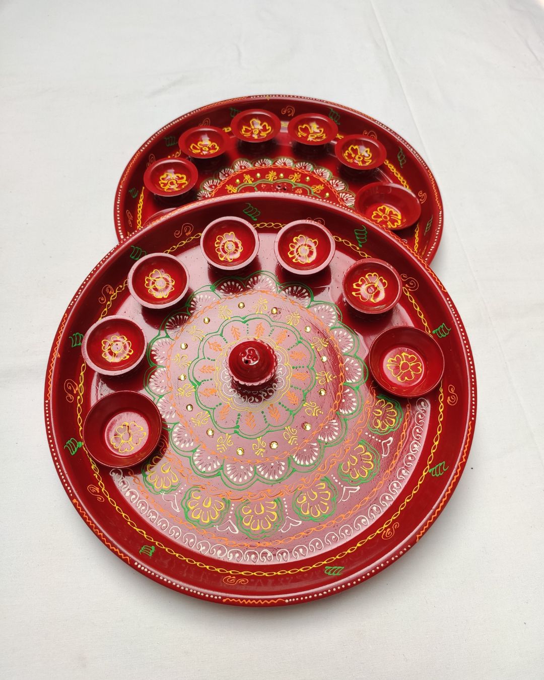 resize Red Mina Work Aarti Thali - Image 1